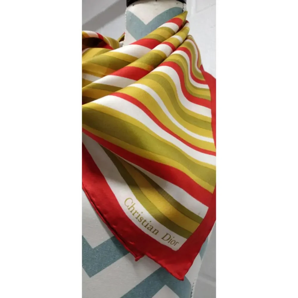 Vintage Dior Silk Scarf Striped Avocado Paris 1960s Designer Mid Century Mod 60s